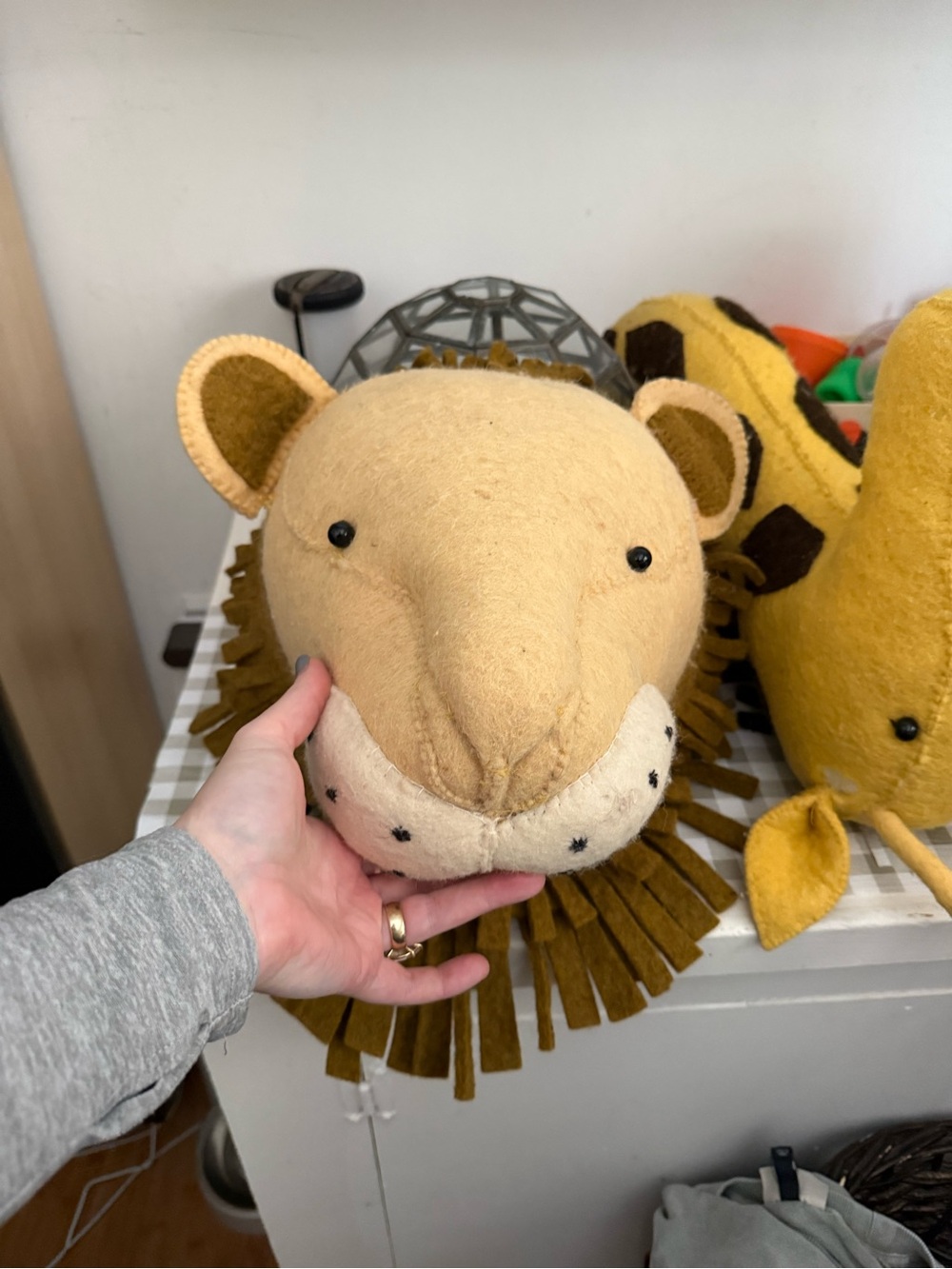 Plush Felt Lion Head Wall Decor - Mustard & Tan